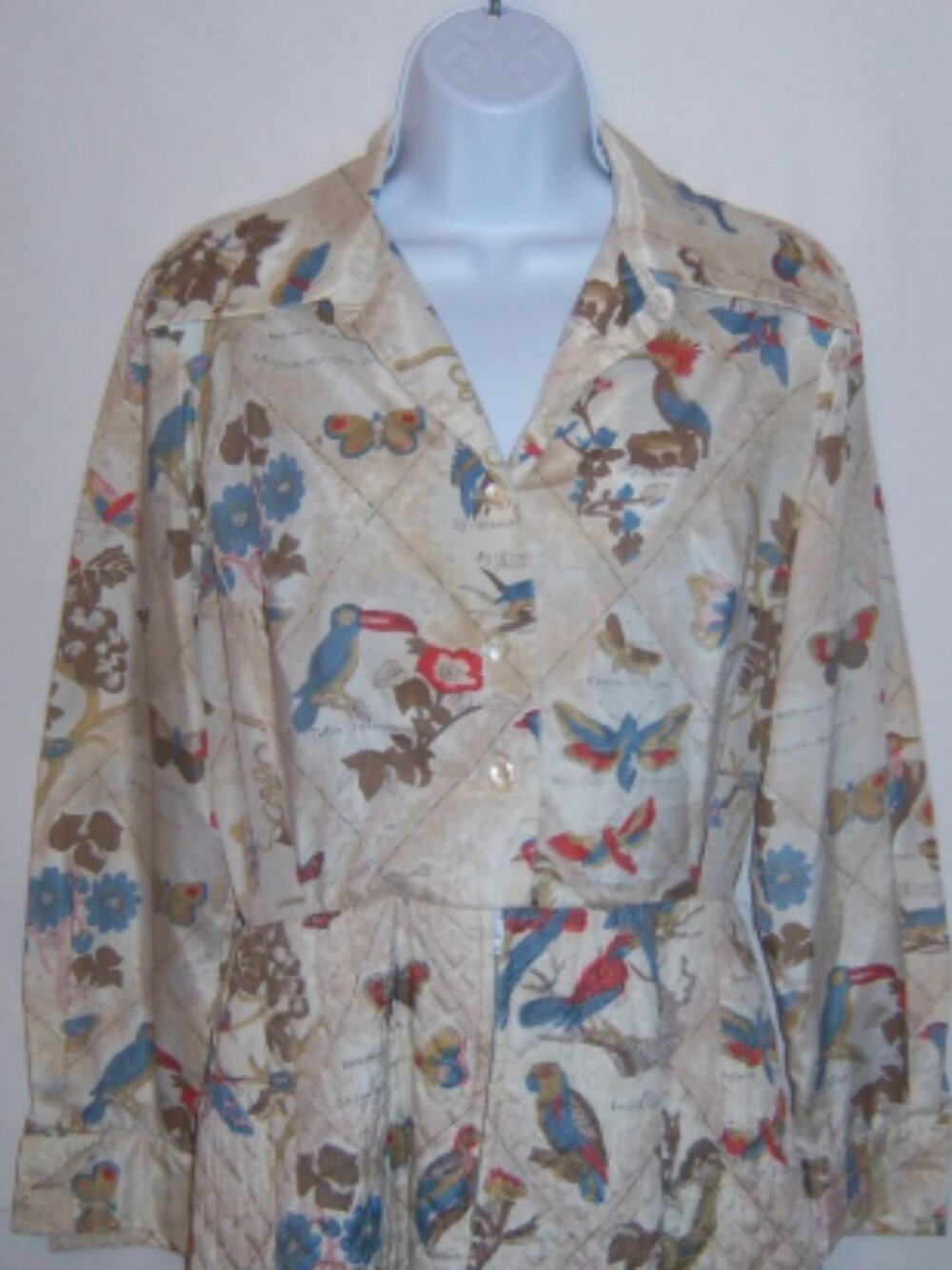 Vintage Serbin of Florida Ecru Blue Tropical Birds Butterflies Quilted Maxi Med.
